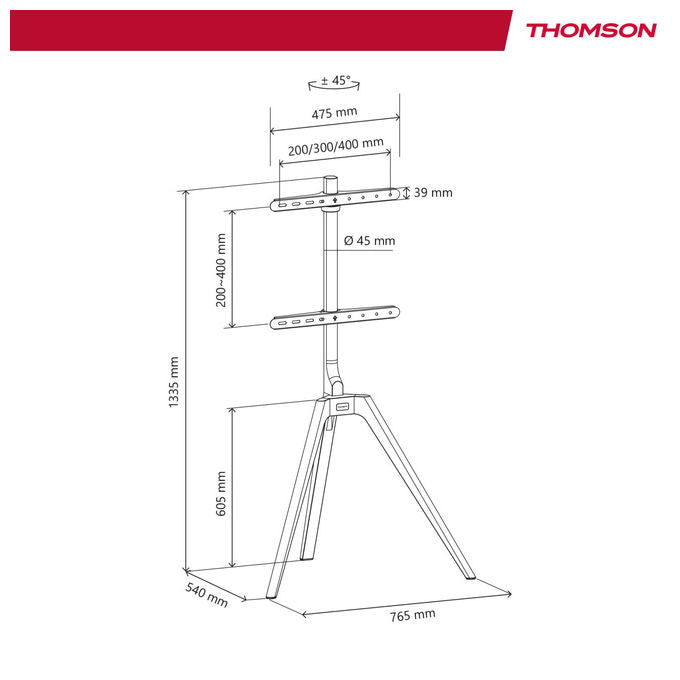 Thomson S603 Supporto TV da Pavimento in Legno 45'' 65'' VESA 400x400 40 Kg Rotazione 45° colore Marrone
