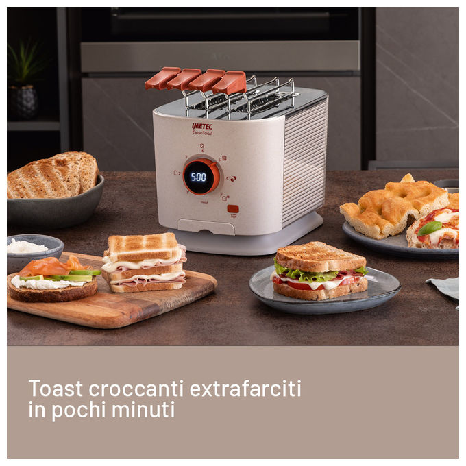 Imetec 7504 GranToast Tostapane 2 Fette XL Pinze Apribili 7 Livelli Doratura 600 W Display LED Timer Digitale colore Sabbia