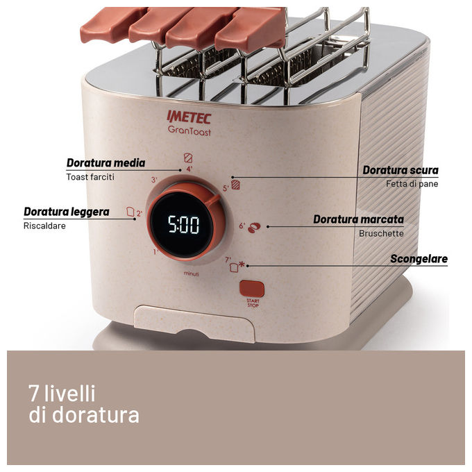 Imetec 7504 GranToast Tostapane 2 Fette XL Pinze Apribili 7 Livelli Doratura 600 W Display LED Timer Digitale colore Sabbia