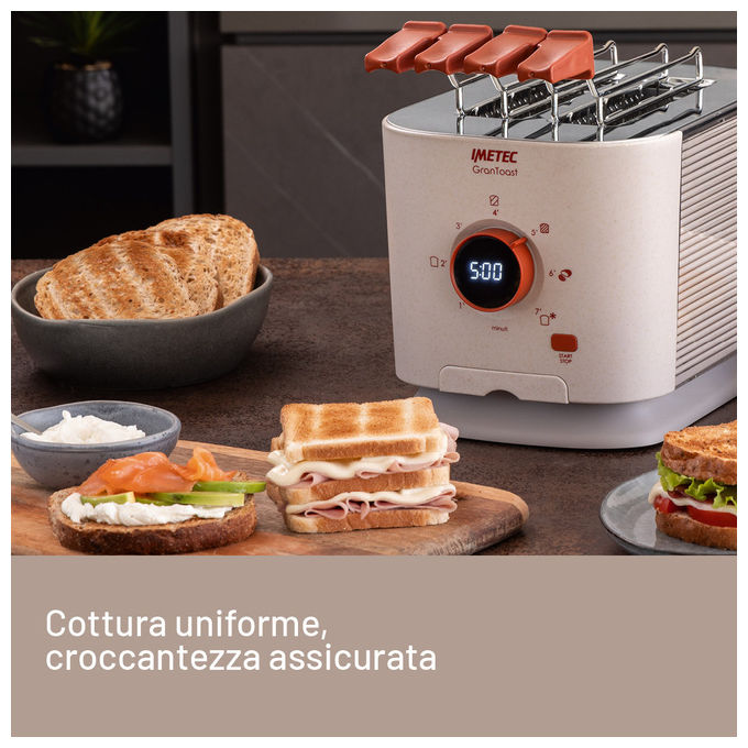Imetec 7504 GranToast Tostapane 2 Fette XL Pinze Apribili 7 Livelli Doratura 600 W Display LED Timer Digitale colore Sabbia