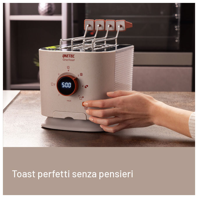Imetec 7504 GranToast Tostapane 2 Fette XL Pinze Apribili 7 Livelli Doratura 600 W Display LED Timer Digitale colore Sabbia