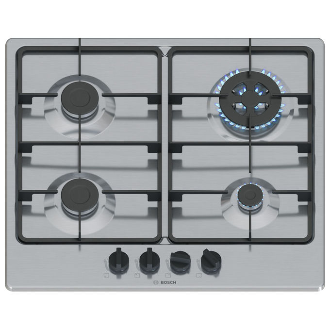 Bosch PGH6B5K60 Serie 4 Piano cottura a gas 60 cm 4 fuochi Wok 3300 W Griglie in Ghisa colore Acciaio Inox