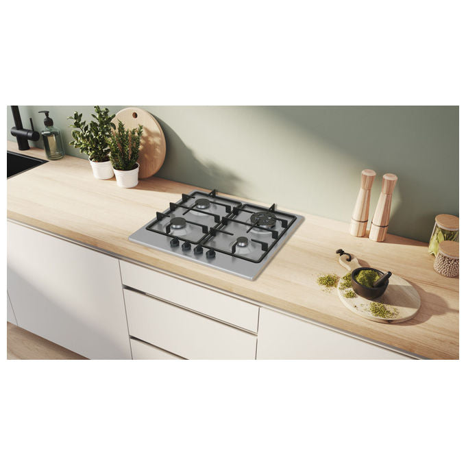 Bosch PGH6B5K60 Serie 4 Piano cottura a gas 60 cm 4 fuochi Wok 3300 W Griglie in Ghisa colore Acciaio Inox