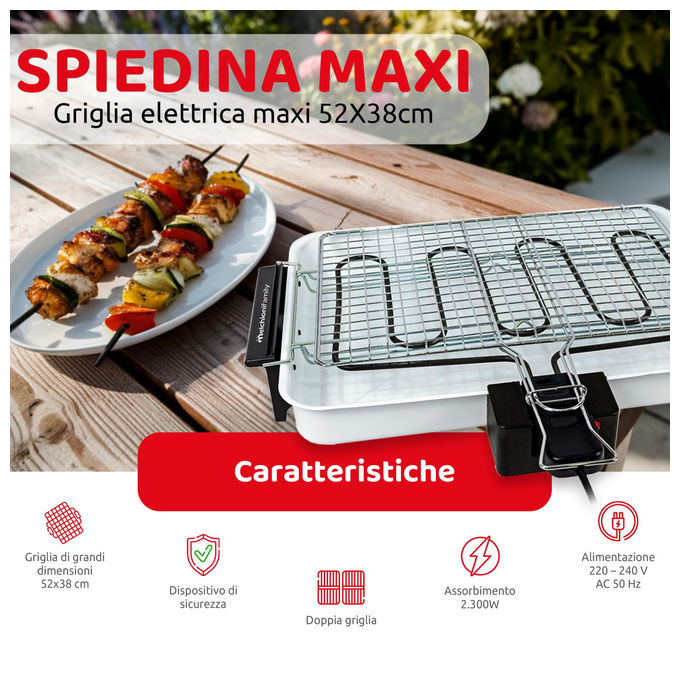 Melchioni Family 118380041 Spiedina Maxi Griglia Elettrica 2300 W Piastre Asportabili 52x38 cm colore Bianco