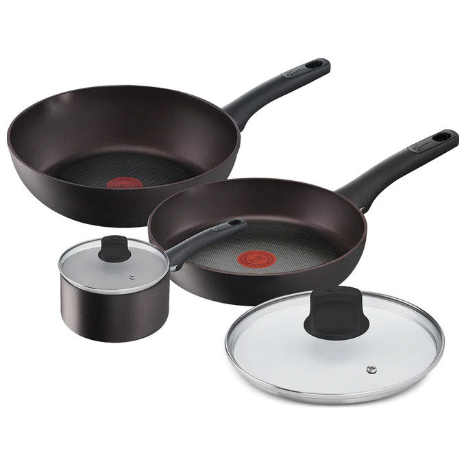 Lagostina 010267600005 Cucina Eco Set Pentole 5 pezzi Alluminio Riciclato Antiaderente Thermosignal Padella 24 cm Wok 28 cm Casseruola 18 cm colore Nero