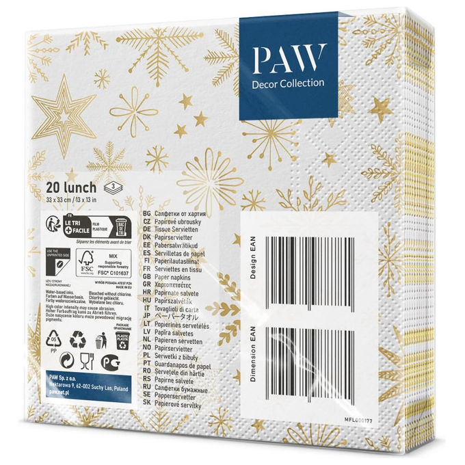 PAW Professional Tovaglioli Shiny Snowflakes 20 Pezzi