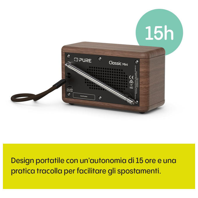 Pure CLASSIC MINI Radio Digitale Portatile DAB+ FM 5W Bluetooth USB-C batteria 4000 mAh colore Crema Legno