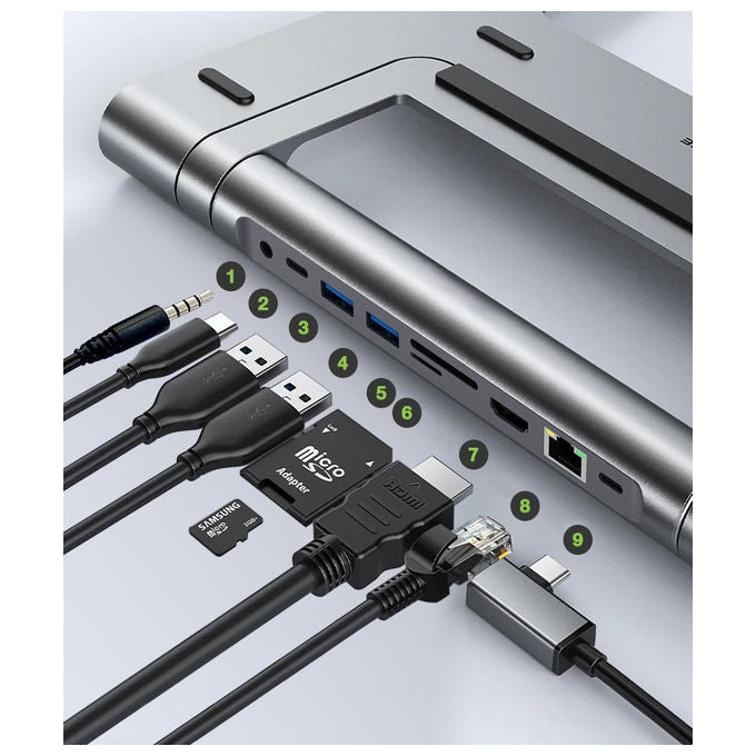 Techly ICA-NTB DOCK91 Docking Station USB-C 9 in 1 Stand Notebook Pieghevole HDMI 4K Ethernet Gigabit 100W colore Argento
