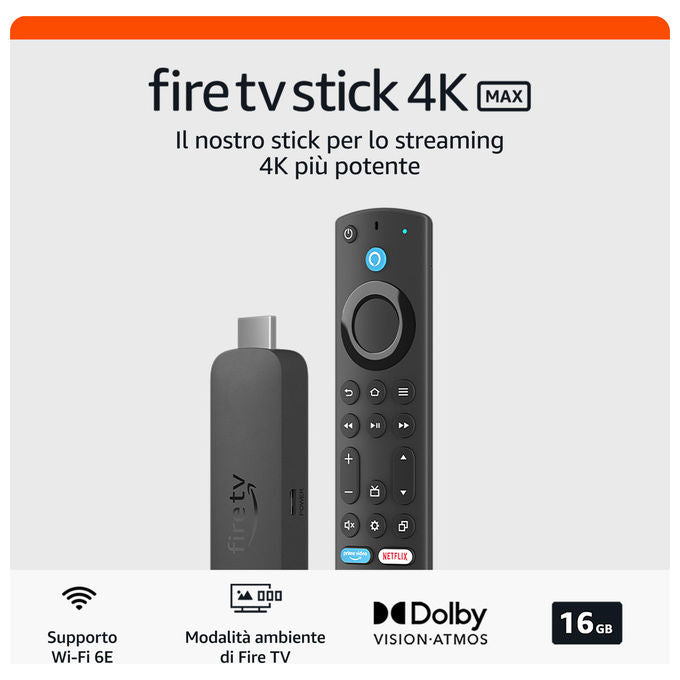 Amazon B0CW4HD359 Fire TV Stick 4K Max 3rd Gen Lettore Streaming Wi-Fi 6E Alexa 16 GB colore Nero