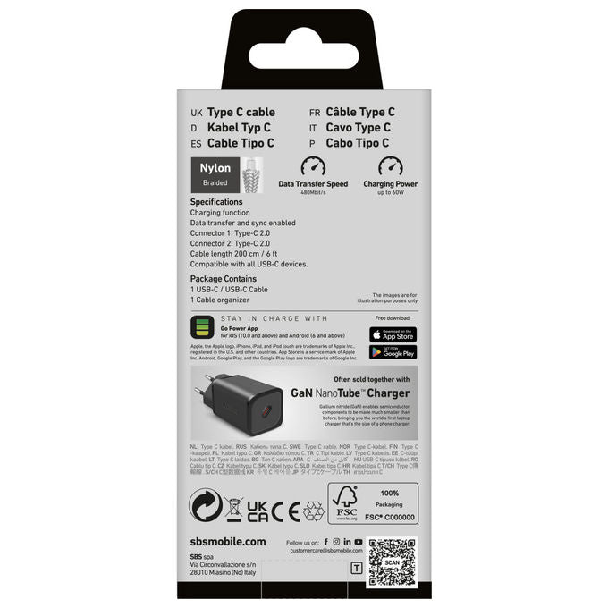 SBS Cavo USB-C 2 Metri Ricarica Power Delivery 60W