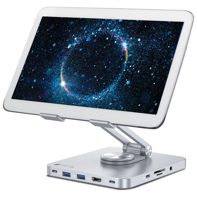Techly ICA-TBL DOCK81 Hub Docking Station USB-C 8 in 1 Supporto Tablet 360° HDMI 4K 60Hz PD 100W colore Argento
