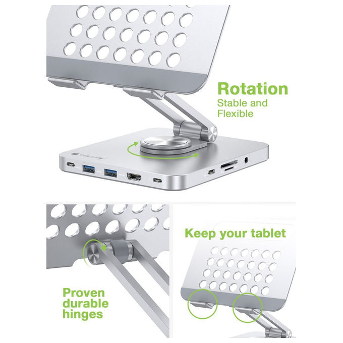 Techly ICA-TBL DOCK81 Hub Docking Station USB-C 8 in 1 Supporto Tablet 360° HDMI 4K 60Hz PD 100W colore Argento