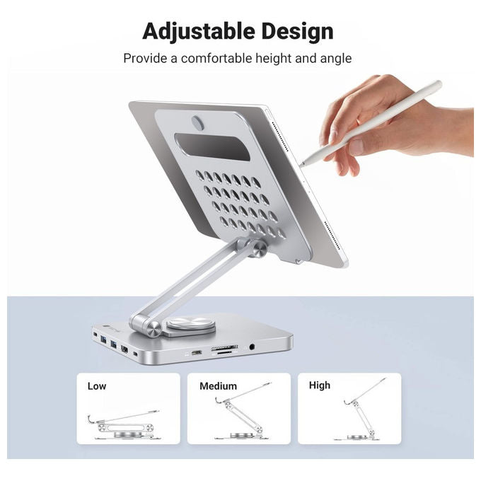 Techly ICA-TBL DOCK81 Hub Docking Station USB-C 8 in 1 Supporto Tablet 360° HDMI 4K 60Hz PD 100W colore Argento