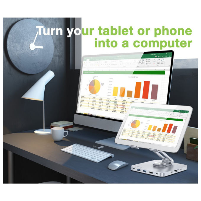 Techly ICA-TBL DOCK81 Hub Docking Station USB-C 8 in 1 Supporto Tablet 360° HDMI 4K 60Hz PD 100W colore Argento