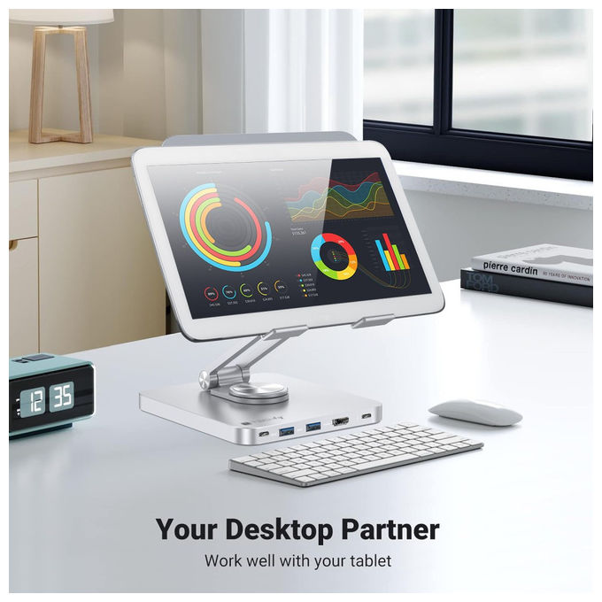 Techly ICA-TBL DOCK81 Hub Docking Station USB-C 8 in 1 Supporto Tablet 360° HDMI 4K 60Hz PD 100W colore Argento