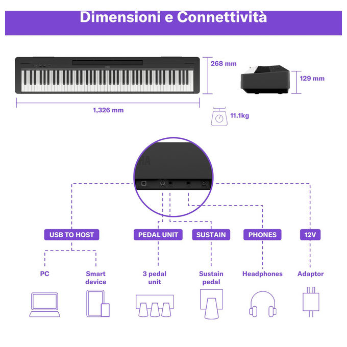 Yamaha VHP6330 P-145BT Pianoforte Digitale 88 Tasti Pesati GHC 10 Voci Bluetooth colore Nero