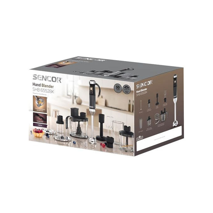 Sencor SHB 6552BK Frullatore ad Immersione 10 in 1 1500W Titanium QuadBlade Velocita' Continua 10 Accessori colore Nero