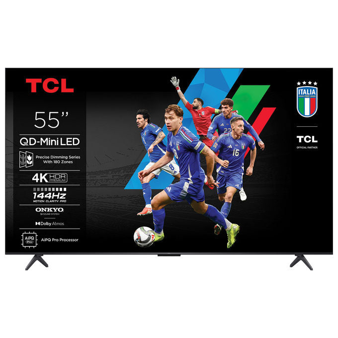 TCL 55C69K Serie C69K Smart TV QD-Mini LED 4K 55'' 144Hz Google TV audio Onkyo 2.1 Dolby Vision IQ Atmos HDMI 2.1 colore Metallico