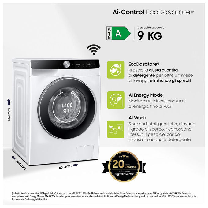 Samsung WW90DG6G94LKU3 Serie 6100D Lavatrice Frontale 9 Kg 1400 rpm Classe A AI Wash EcoDosatore Wi-Fi (85x60x48 cm) colore Bianco