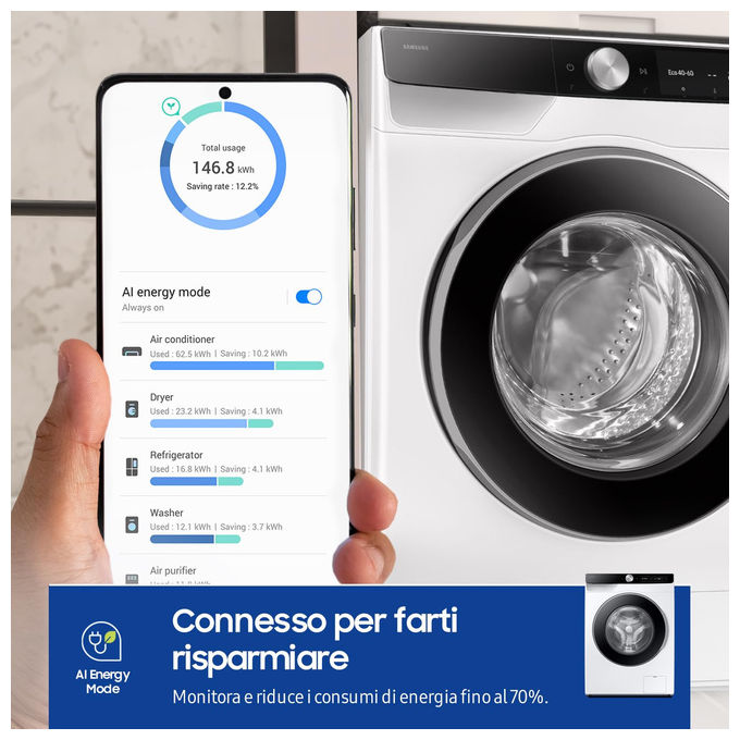 Samsung WW90DG6G94LKU3 Serie 6100D Lavatrice Frontale 9 Kg 1400 rpm Classe A AI Wash EcoDosatore Wi-Fi (85x60x48 cm) colore Bianco