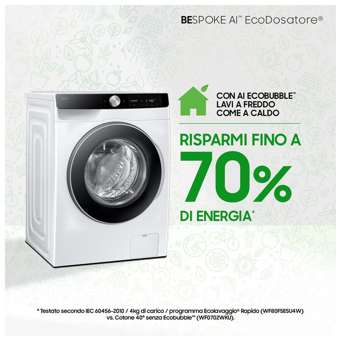 Samsung WW90DG6G94LKU3 Serie 6100D Lavatrice Frontale 9 Kg 1400 rpm Classe A AI Wash EcoDosatore Wi-Fi (85x60x48 cm) colore Bianco