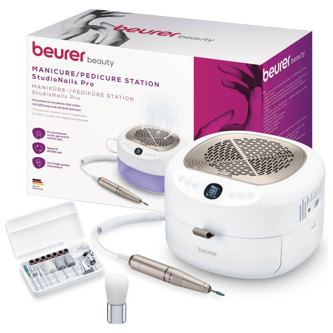 Beurer MP200 StudioNails Pro Stazione Manicure Pedicure 3 in 1 Fresa Lampada UV LED Aspiratore 26000 rpm colore Bianco