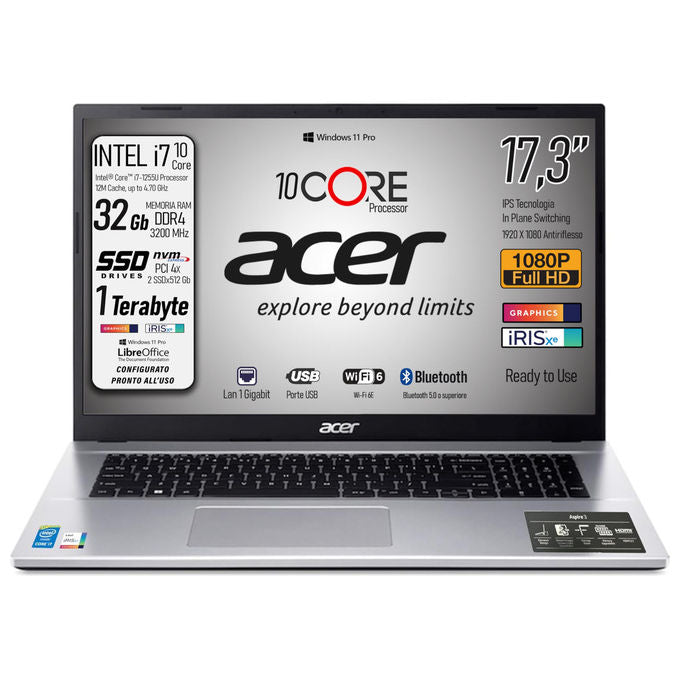 Acer Aspire 17 PC Portatile Grafite A17-51M 79XG Intel Core i7 16GB RAM 512GB SSD Windows 11 Home