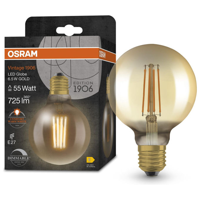 Osram, Lampada LED Vintage 1906 Classic Globe, 6.5W, E27, Filamento Oro, Dimmerabile
