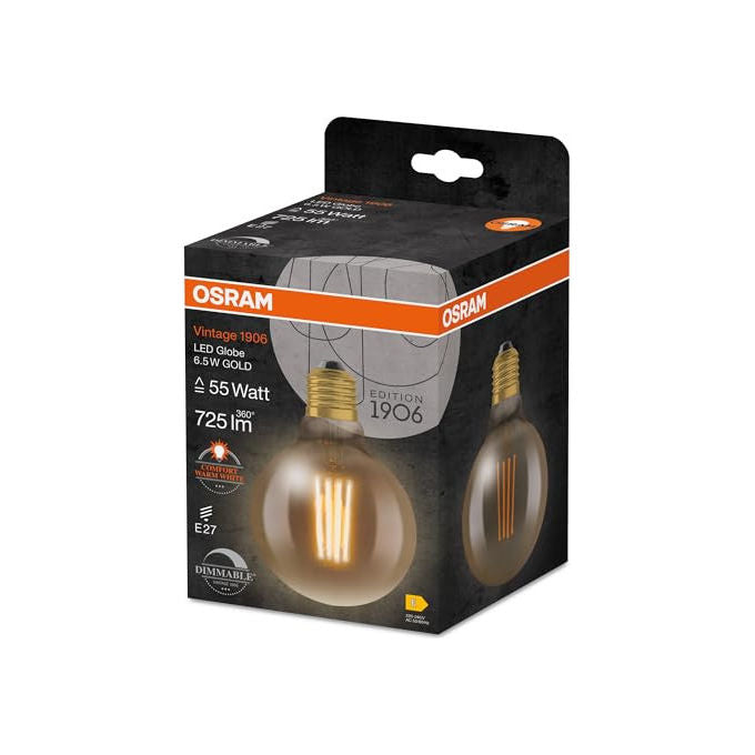 Osram, Lampada LED Vintage 1906 Classic Globe, 6.5W, E27, Filamento Oro, Dimmerabile