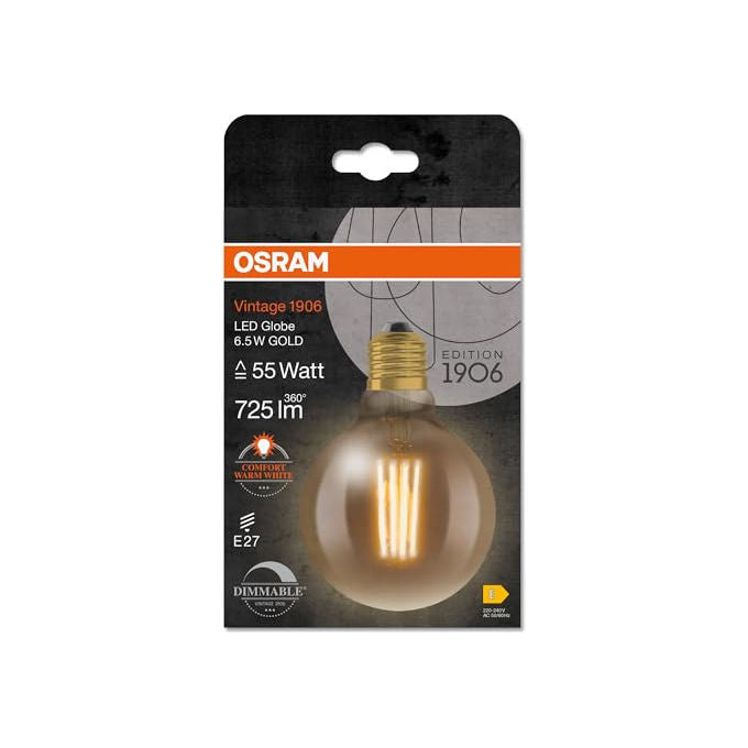 Osram, Lampada LED Vintage 1906 Classic Globe, 6.5W, E27, Filamento Oro, Dimmerabile