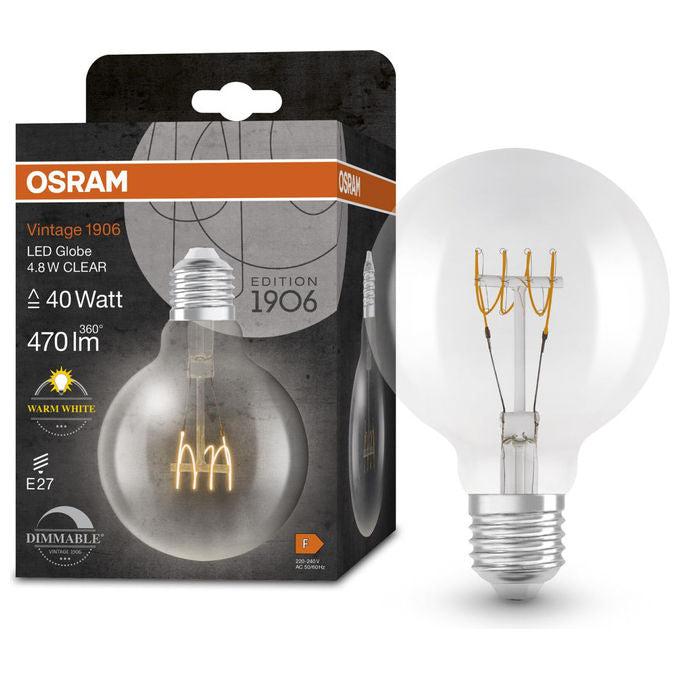Osram, Lampada LED Vintage 1906 Classic Globe95, E27, 4.8W 470lm, 2700K, Dimmerabile, Trasparente