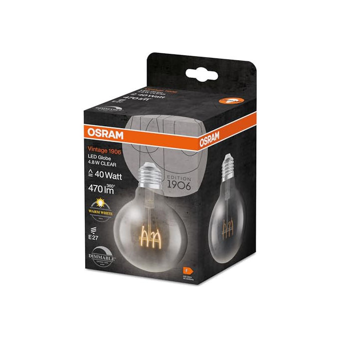 Osram, Lampada LED Vintage 1906 Classic Globe95, E27, 4.8W 470lm, 2700K, Dimmerabile, Trasparente