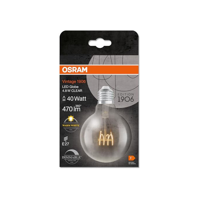 Osram, Lampada LED Vintage 1906 Classic Globe95, E27, 4.8W 470lm, 2700K, Dimmerabile, Trasparente