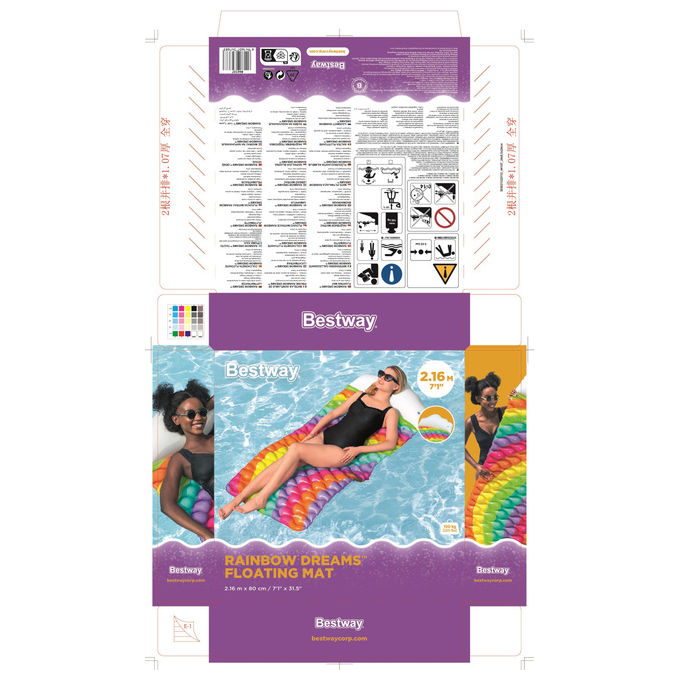 Bestway, Materassino Gonfiabile Rainbow Dreams, 161 cm, PVC Multicolore, Cuscino Nuvoletta
