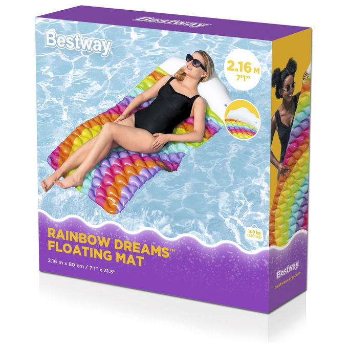 Bestway, Materassino Gonfiabile Rainbow Dreams, 161 cm, PVC Multicolore, Cuscino Nuvoletta