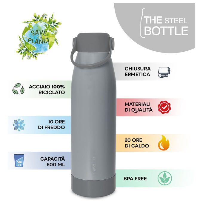 The Steel Bottle, Borraccia Termica, 500ml, Acciaio Inox, Grigio Medio