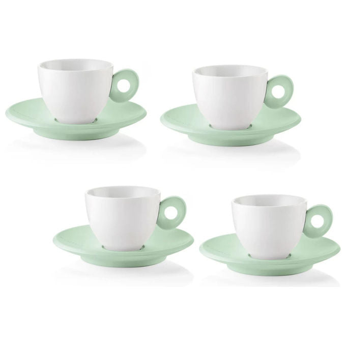 Guzzini, Set 4 Tazzine Caffe' con Piattino Everyday, Porcellana, Bianco Verde Malva