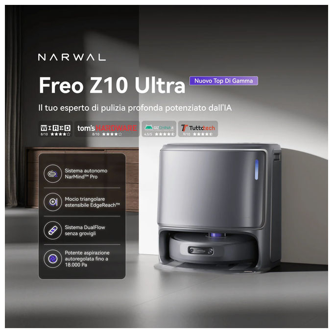 Narwal CP-ZD-A00116-00-00 Freo Z10 Ultra Robot aspirapolvere LiDAR 18000 Pa autonomia 210 min Wi-Fi mappatura 3D colore Dark Grey