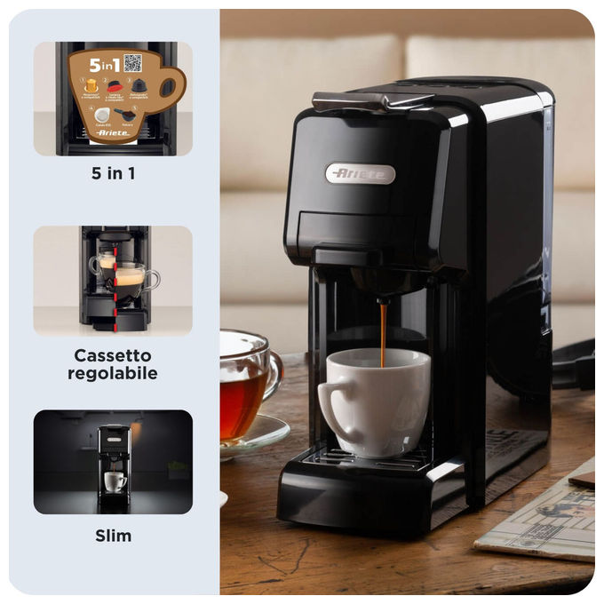 Ariete 1304 Macchina da caffe' 5in1 Capsule Nespresso Dolcegusto Lavazza A Modo Mio Cialde Polvere 0,7L 19 bar 1350W colore Nero