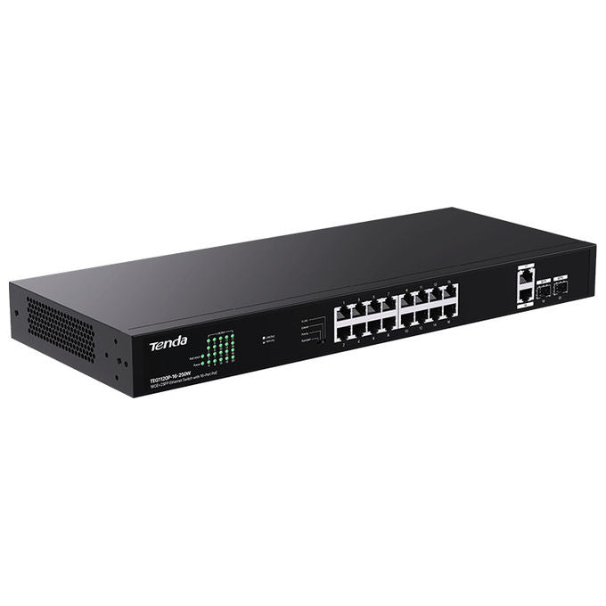 Tenda TEG1120P-16-250W Switch Gigabit Non Gestito 16 Porte PoE+ 2 RJ45 Uplink 2 SFP 230W 40 Gbps
