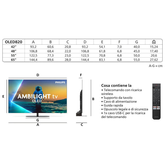 Philips 55OLED820-12 Ambilight Smart TV OLED 55'' 4K Ultra HD Google TV Dolby Vision Dolby Atmos Processore P5 AI colore Nero