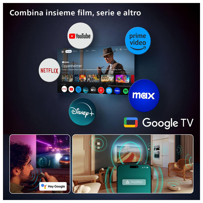 Philips 65OLED820-12 Ambilight TV OLED 65'' 4K Ultra HD Google TV Dolby Vision HDR10+ 120Hz Wi-Fi 6 colore Nero