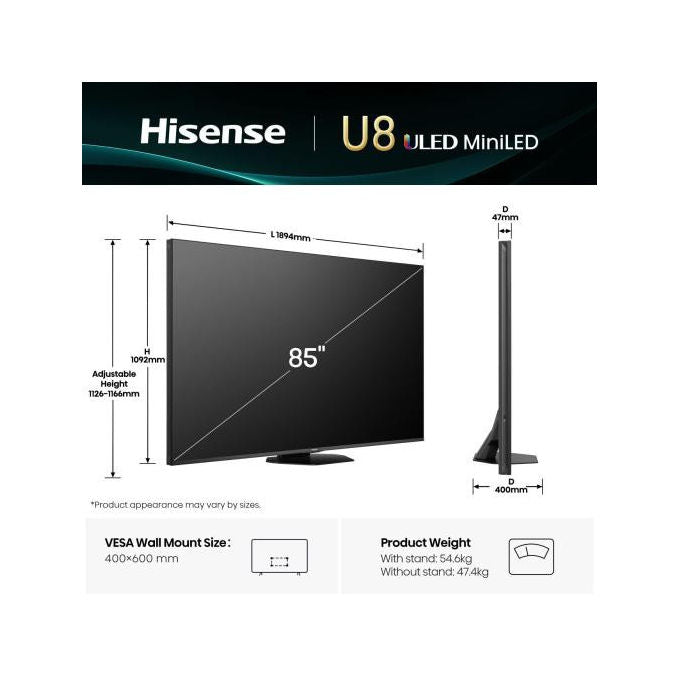 Hisense 85U8Q Smart TV ULED Mini LED 85'' 4K Ultra HD 165Hz Dolby Vision IQ Dolby Atmos VIDAA U9 colore Nero