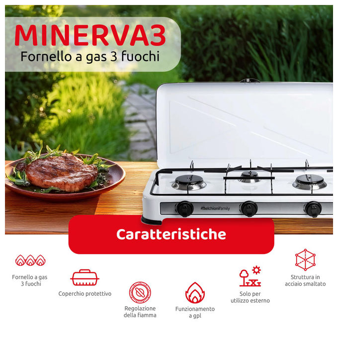 Melchioni 118360123 Minerva 3 Fornello a Gas 3 fuochi 2.9 W Acciaio Smaltato Griglia Removibile colore Bianco
