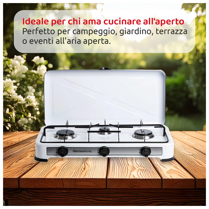 Melchioni 118360123 Minerva 3 Fornello a Gas 3 fuochi 2.9 W Acciaio Smaltato Griglia Removibile colore Bianco