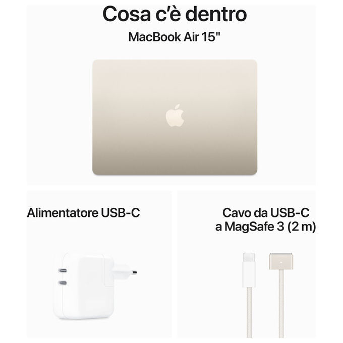 Apple MXD33T-A MacBook Air 15'' Notebook Chip M3 CPU 8-core GPU 10-core 16GB 512GB SSD macOS Sonoma colore Galassia