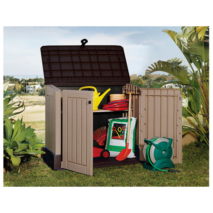 Keter 17210427 Store-It-Out MIDI Box Portattrezzi da Giardino 845 L Doppia Anta Tetto Apribile colore Beige Marrone