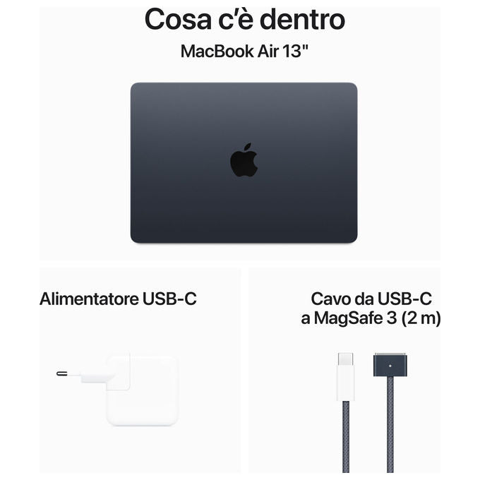 Apple MXCV3T-A MacBook Air 13'' Notebook M3 CPU 8-core GPU 10-core 16GB RAM 512GB SSD colore Mezzanotte