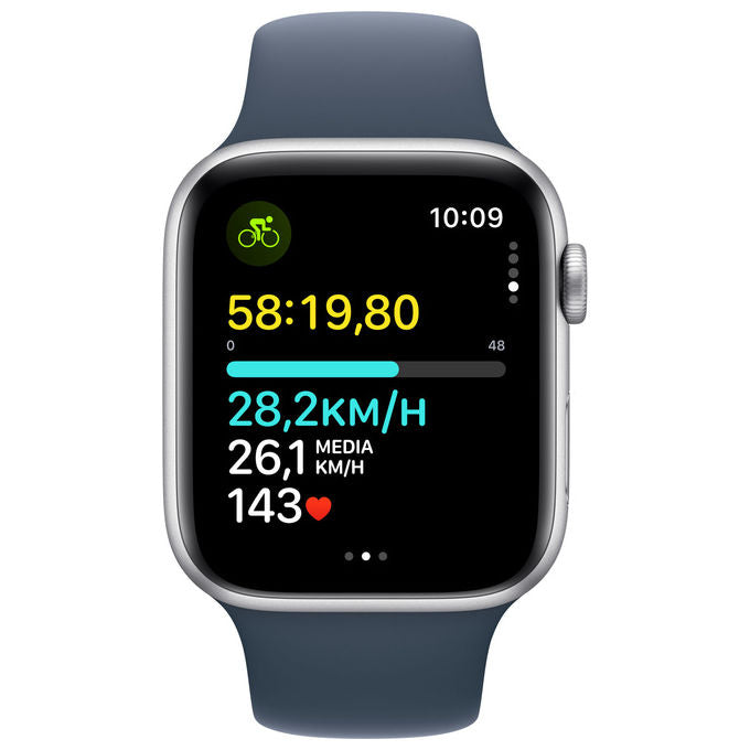 Apple MREC3QL-A Watch SE GPS Smartwatch 44mm Alluminio Rilevamento Incidenti Cadute SOS Cardiofrequenzimetro colore Argento Blu Tempesta