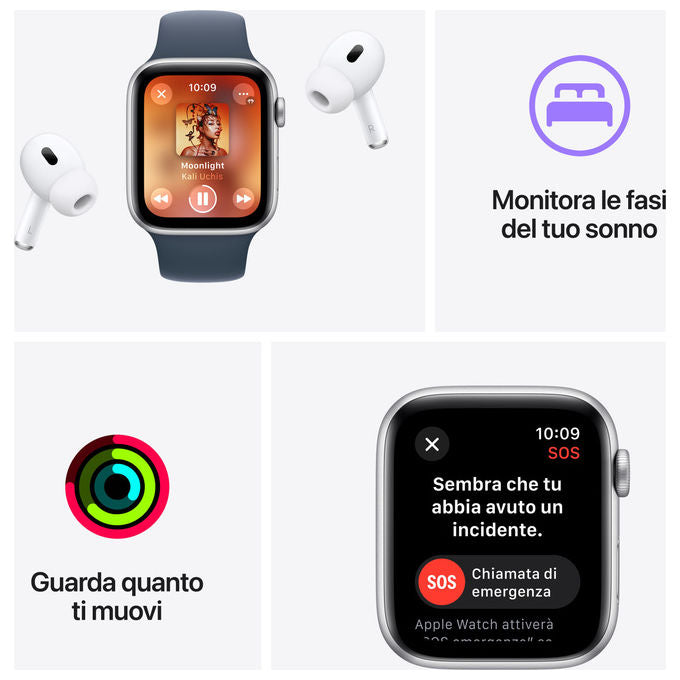 Apple MREC3QL-A Watch SE GPS Smartwatch 44mm Alluminio Rilevamento Incidenti Cadute SOS Cardiofrequenzimetro colore Argento Blu Tempesta